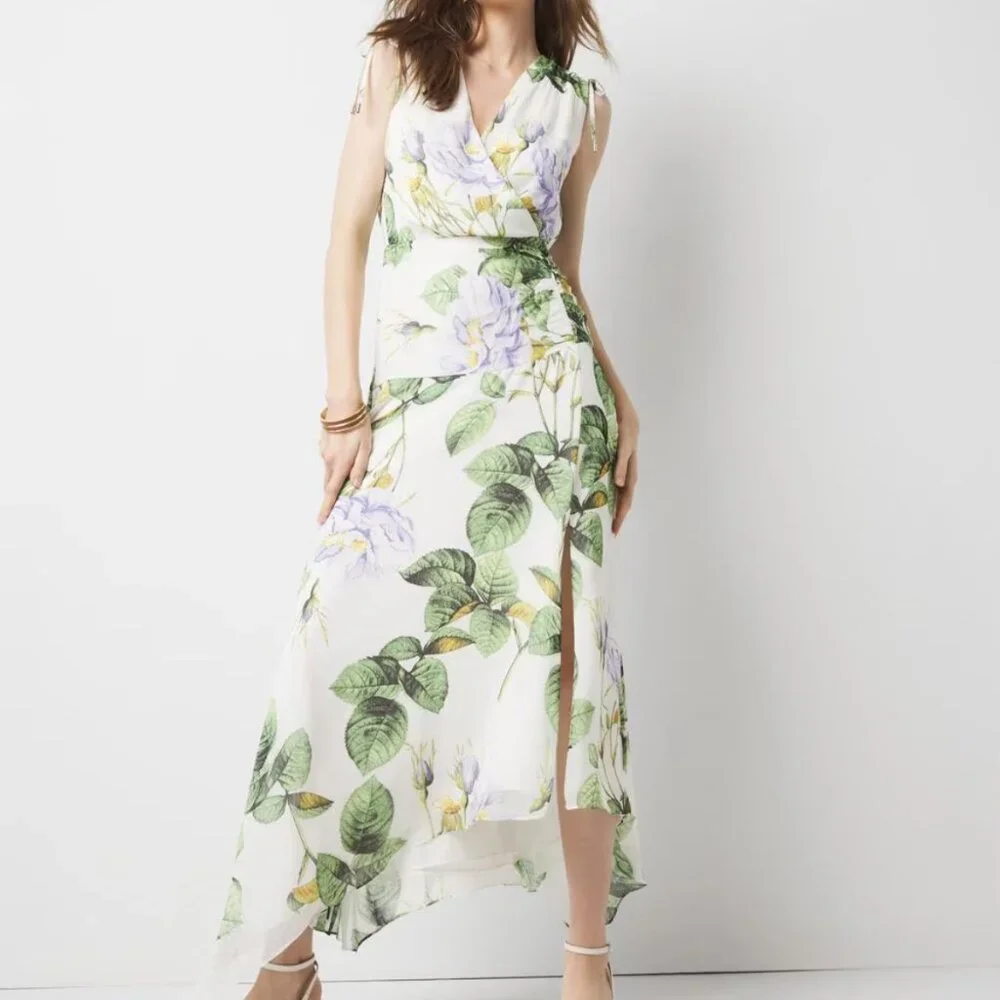 White House Black Market Floral Midi Dress - Green and White - Picture 2 of 4